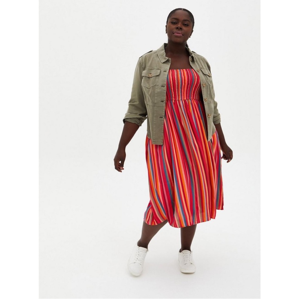 Torrid Midi Challis Smocked Tiered Dress in Stripe Pink - Picture 13 of 13